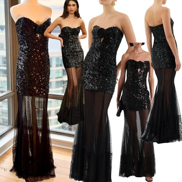 🆕REBECCA VALLANCE 🧿 NWOT Diana Black Sequined Mesh Trimmed Gown